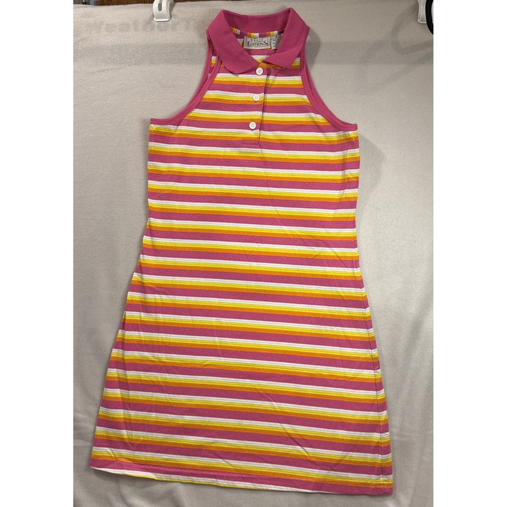 Basic Editions Girls Sleeveless Polo Dress Pink Silver Stripes‎ Sz 14/16 Y2K